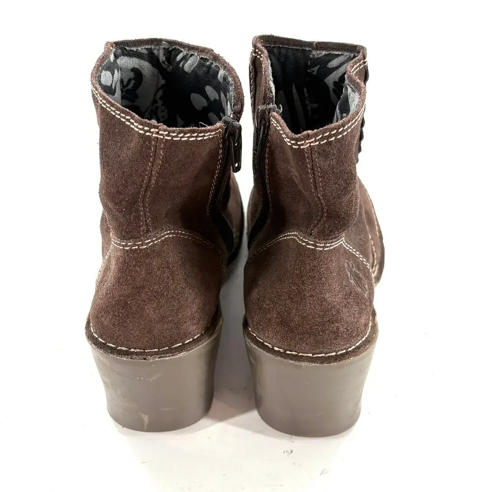 Fly London Suede Ankle Boots 10 40 Dark Brown Booties Zip Academia Whimsigoth